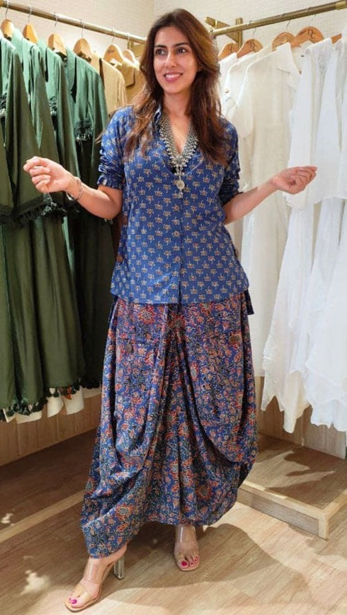 Jaipuri Blue Drape Skirt Set For Women